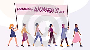8 March Women`s Day card or poster. Women of different race