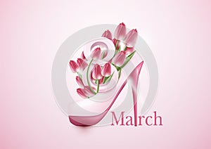 8 March Women`s Day greeting card template concept. tulip flower