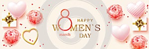8 March. Women's Day horizontal banner for the website. Postcard on March 8. Romantic background