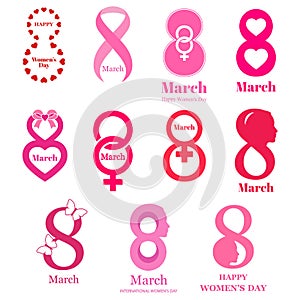 8 March World Women\'s Day. Set of pink icons