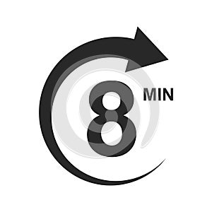 8 min countdown sign. Eight minutes icon with circle arrow. Stopwatch symbol. Sport or cooking timer isolated on white