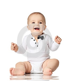 8 month infant child baby boy toddler sitting in white shirt and black tie isolated