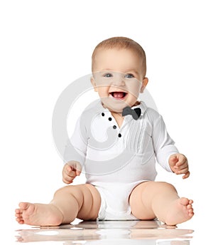 8 month infant child baby boy toddler sitting in white shirt and black tie isolated