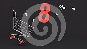 8 percent discount flying out of a shopping cart on a black background. Concept of discounts, black friday, online sales. 3d
