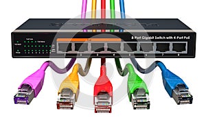 8 port Gigabit Ethernet switch with colored lan cables. 3D rendering