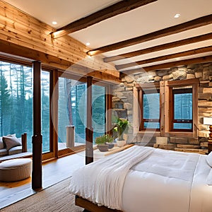 8 A rustic bedroom with exposed beams, a four-poster bed, and warm, natural materials5, Generative AI