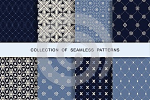 8 Seamless Blue Patterns Set. Vector illustration. Textile printing