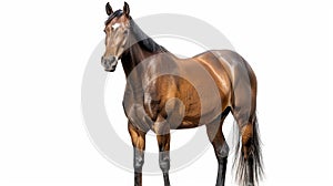An 8-year-old mixed-breed horse standing against a white background is a portrait of a Spanish and Arabian hybrid horse