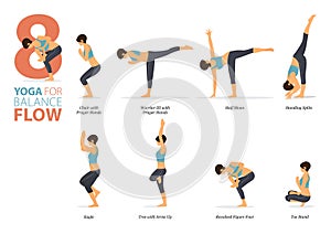8 Yoga poses or asana posture for workout in balance flow concept. Women exercising for body stretching. Fitness infographic.