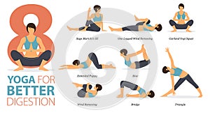 8 Yoga poses or asana posture for workout in Better Digestion concept. Women exercising for body stretching. Fitness infographic.