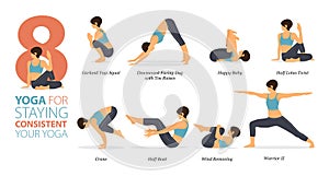 8 Yoga poses or asana posture for workout in consistent yoga concept. Women exercising for body stretching. Fitness infographic.