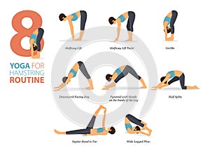 8 Yoga poses or asana posture for workout in hamstring routine concept. Women exercising for body stretching. Fitness infographic.