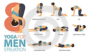 8 Yoga poses or asana posture for workout in Menstruation concept. Women exercising for body stretching. Fitness infographic.
