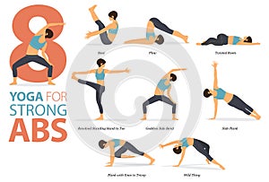 8 Yoga poses or asana posture for workout in strong abs concept. Women exercising for body stretching. Fitness infographic. Flat c