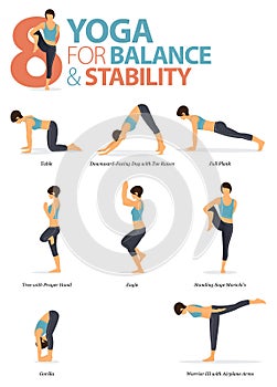 8 Yoga poses for workout in Balance and Stability concept.