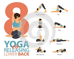 8 Yoga poses for workout in releasing lower back concept. Woman exercising for body stretching. Yoga posture or asana for fitness.