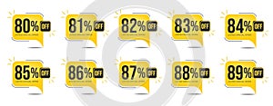 80 81 82 83 84 85 86 87 88 and 89 percent off. Set of tag discounts on a yellow balloons.