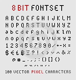 80 8Bit black pixelated font set in vintage 80s video computer game, uppercase, lowcase, numbers, symbols