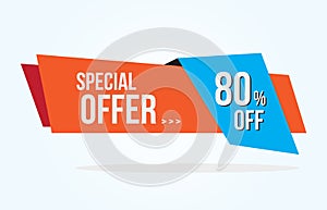 80% Discount Tag with Special Offer Ribbon. Sale Label with Advertisement Offer Design Template