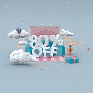 80 Eighty percent off 3d-illustration in cartoon style. Sale concept.