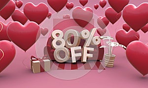 80 Eighty percent off - Valentines Day Sale 3D illustration.