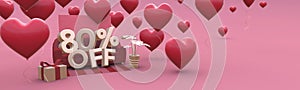 80 Eighty percent off - Valentines Day Sale horizontal 3D-banner with copy space.