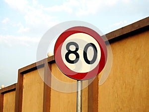 80 KM Speed limit sign a highway, eighty kilometers per hour traffic road sign.