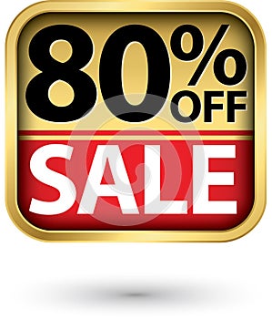 80% off sale golden label with red ribbon,vector illustration