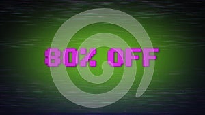 80 percent off discount sale message, cyberpunk neon glitch banner.