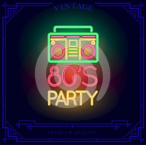 80`s Party with Boombox Cassette Player Neon light sign.