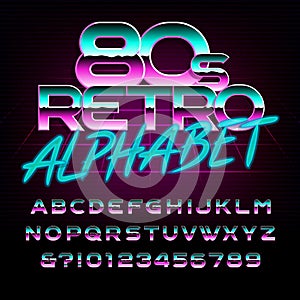 80`s retro alphabet font. Metal effect letters and numbers.