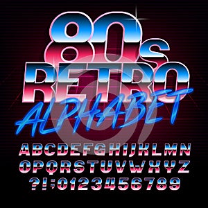 80`s retro alphabet font. Metallic effect bright type letters and numbers.