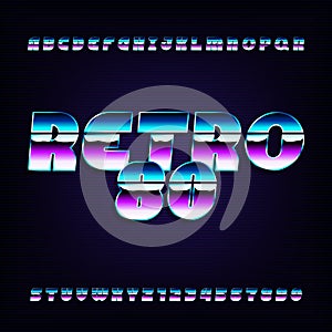 80's retro alphabet font. Metallic effect letters and numbers.