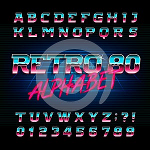 80`s retro alphabet font. Metallic effect shiny oblique letters and numbers.