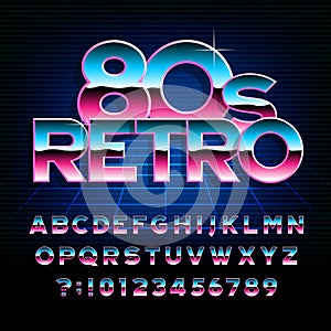 80`s retro alphabet font. Metallic effect type letters and numbers.