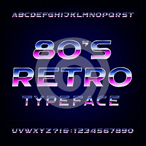 80's retro alphabet vector font. Metallic effect shiny letters and numbers.