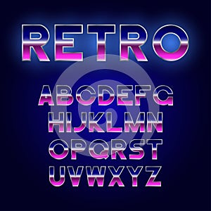 80`s Retro font design. Shiny futurism alphabet with metallic effect. Sci-Fi typeface.