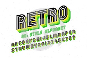 80`s retro font, disco style, alphabet and numbers