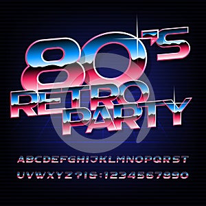80`s retro party alphabet font. Metallic effect oblique letters and numbers.