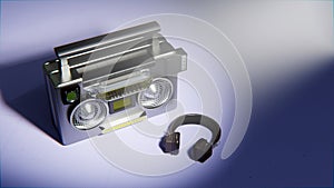 80\'s style top view boombox under downlight in the scene with headphones from 3D design.