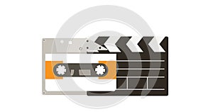 80s 90s music audio cassette tape and movie clapper. 4k cartoon animated logo icon isolated on white background in retro style