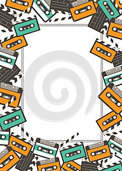 80s 90s music audio cassette tape and movie clapper A4 standard size frame vector illustration in retro hipster flat