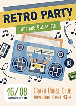 80s and 90s retro music party flyer design. Poster template for nostalgia event in 1980s and 1990s style. Ad placard of