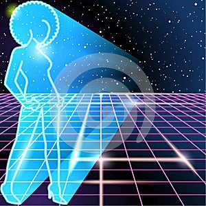 80s background with a neon outline of a woman