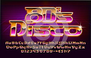 80s Disco alphabet font. Glowing letters, numbers and punctuations in 80s style.