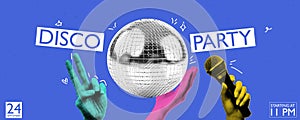 80s disco party. Banner design in collage style with halftone effect elements. And lettering with glitter. Vector trendy
