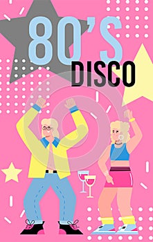 80s disco party poster or banner template flat cartoon vector illustration.