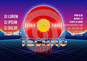 80s party poster with arcade styled background and red vinyl lp for techno retro rave