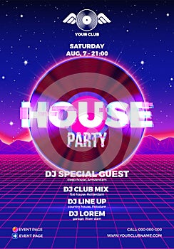 80s party poster with blue background and vinyl lp for house retro rave