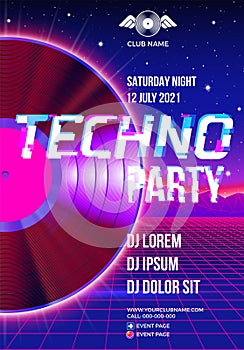 80s party poster with blue background and vinyl lp for techno retro rave